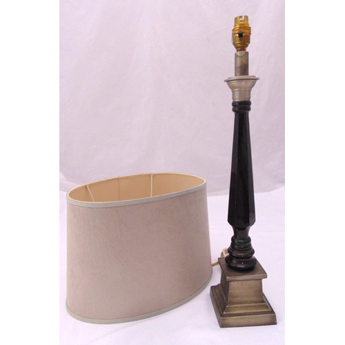 25 - An early 20th century tapering cylindrical panelled enamel and pewter table lamp to include a shade,... 