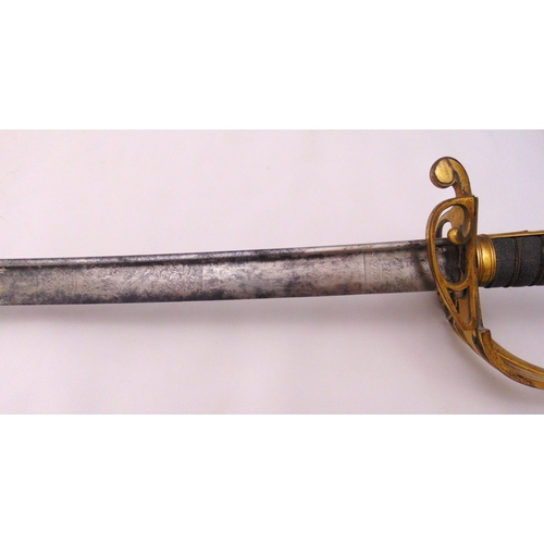 255 - A William IV ceremonial sword with shagreen handle pierced guard in leather and brass scabbard (leat... 