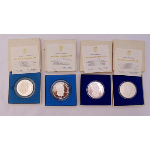 260 - Four Republic of Panama 20 Balboas proof silver coins in original cases, 1 x 1973, 1 x 1974, 2 x 197... 