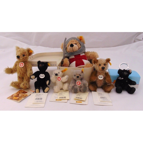 267 - Six Steiff bears to include Fynn beige teddy yellow tag 111860, Cappuccino mohair teddy yellow tag 0... 