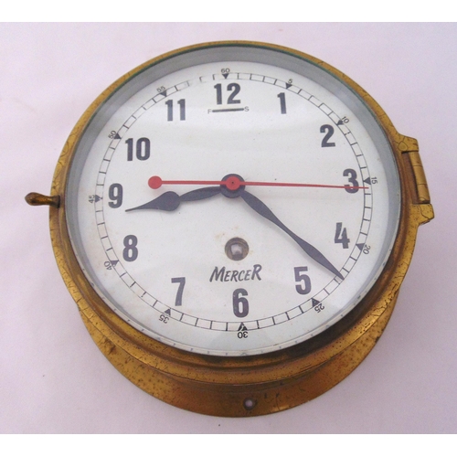 281 - Mercer brass ships clock, white enamel dial and Arabic numerals, 15cm (dia)