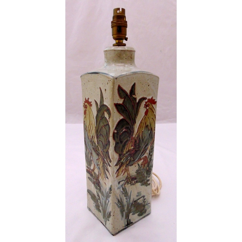 29 - A mid 20th century studio pottery table lamp decorated with poultry, 46cm (h)