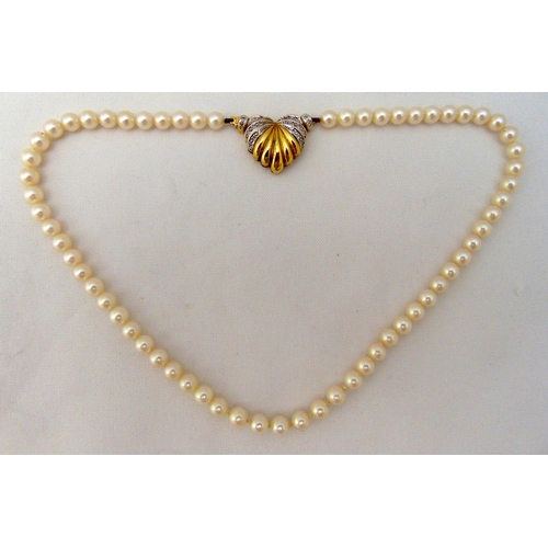 296 - A single strand pearl necklace with 15ct yellow gold and diamond shell shaped clasp