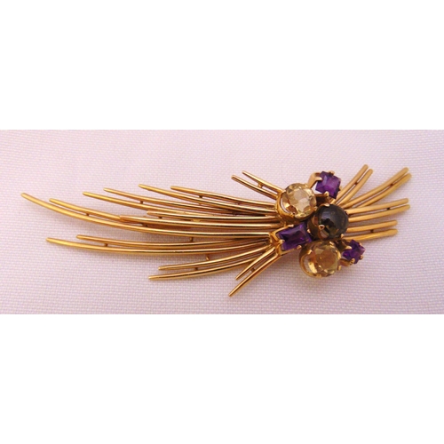 302 - 14ct yellow gold flower brooch with coloured stones, approx total weight 15.8g