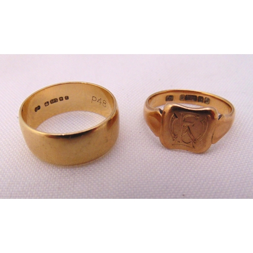 333 - 9ct yellow gold signet ring and a 9ct yellow gold wedding band, approx total weight 9.7g