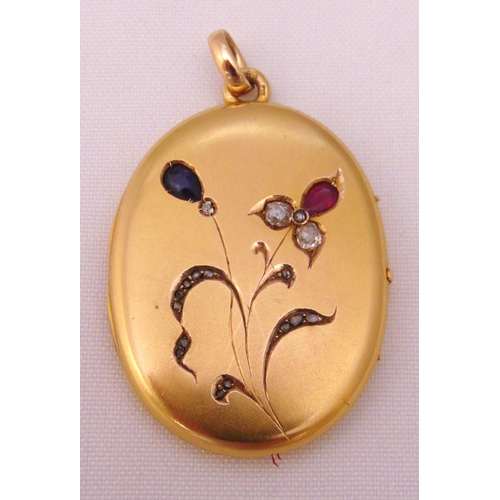 335 - Gold locket set with coloured stones, gold tested 14ct, approx total weight 22.8g