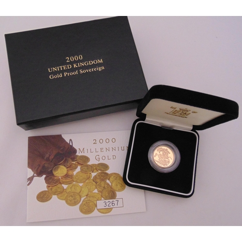 358 - 2000 Millennium proof gold Sovereign in fitted packaging, to include COA