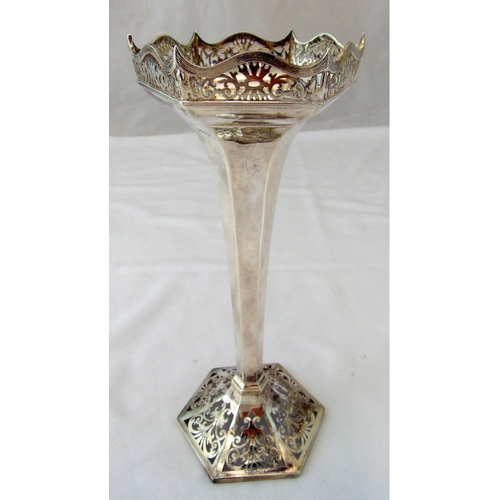 369 - A hallmarked silver vase, tapering hexagonal with scroll pierced top and hexagonal base, Sheffield 1... 