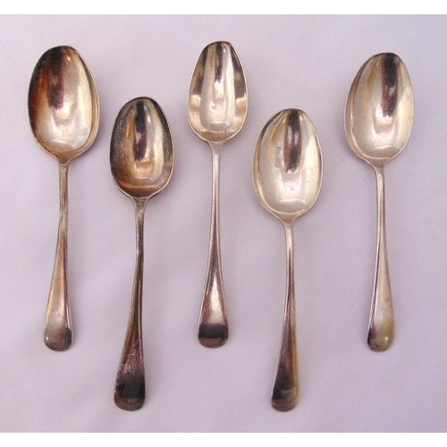 381 - Five hallmarked silver dessert spoons, Old English pattern approx total weight 266g