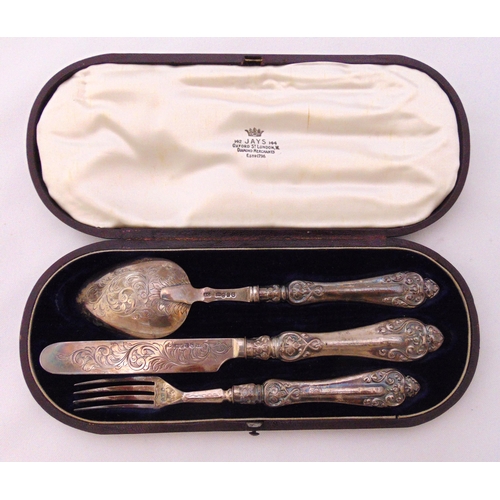 387 - A cased Victorian hallmarked silver Christening set to include a knife, a fork and spoon, Birmingham... 