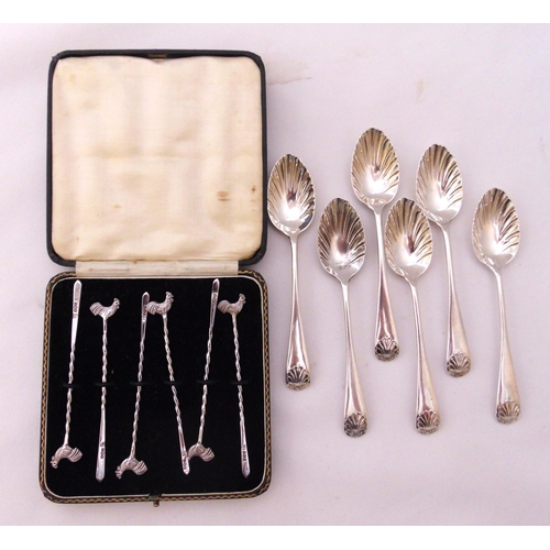 388 - A cased set of hallmarked silver cocktail sticks with cockerel finials and a set of six hallmarked s... 