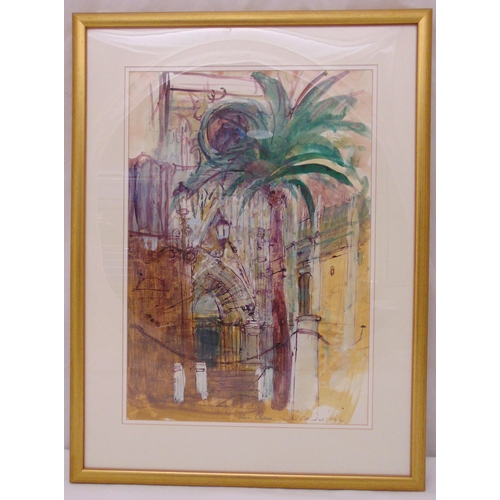 39 - Ann Oram framed and glazed watercolour of a courtyard titled Entrance Seville Cathedral, signed and ... 