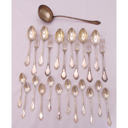 398 - A quantity of continental white metal to include six table spoons, six forks, twelve teaspoons and a... 