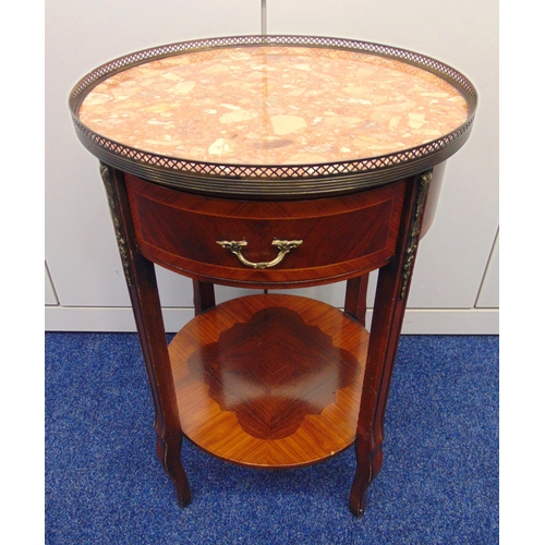 4 - A continental circular side table with single drawer, brass mounts and pierced gallery metal and mar... 