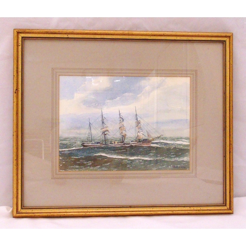 40 - Arthur King framed and glazed watercolour of a four mast sailing ship, signed bottom right, label to... 