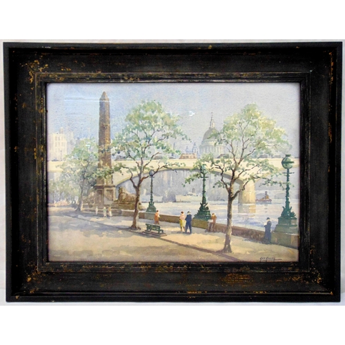 42 - George Ayling framed and glazed watercolour of figures walking along The Thames near Cleopatra's Nee... 