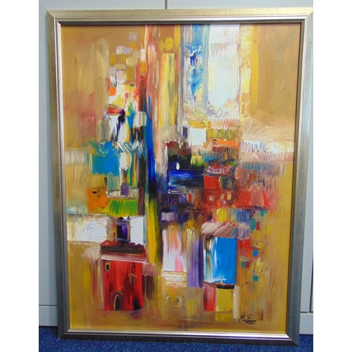 45 - Elie Nacouzi framed oil on panel titled Street Scene, signed bottom right, 98 x 72cm, ARR applies