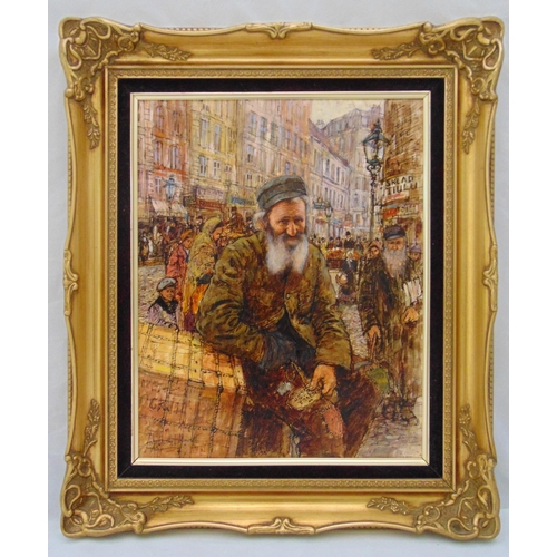 46 - A framed oil on canvas of a Polish street seller, indistinctly signed bottom left, 50.5 x 40.5cm