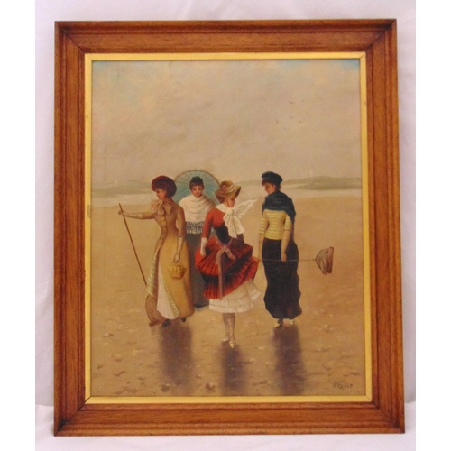 48 - R. Gould framed oil on canvas of four ladies walking on a beach in late 19th century attire, signed ... 