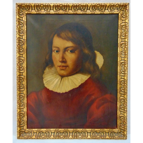 50 - A framed oil on canvas portrait of a young boy in classical dress, indistinctly signed bottom right,... 