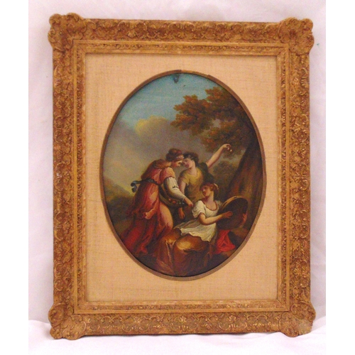 51 - A framed oil on board of three classical maidens, 31 x 24cm