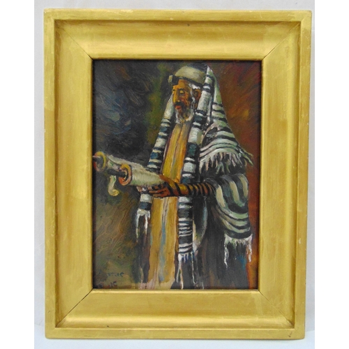 53 - A framed oil on panel of a Rabbi wearing Tefillin and Tallis holding a Torah, mid 20th century Europ... 