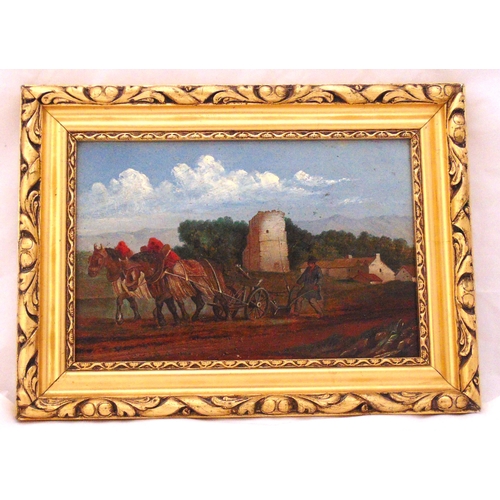 55 - A framed oil on board of horses pulling a plough, 19 x 28cm