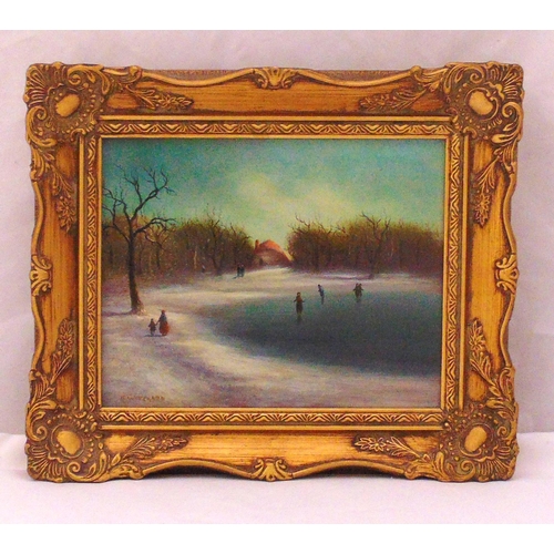 57 - Ray Witchard framed oil on panel of figures ice skating on a lake, signed bottom left, 19 x 24cm