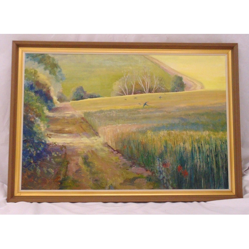 59 - Betty Heckford framed oil on canvas of a country landscape, details to verso, 60 x 90cm