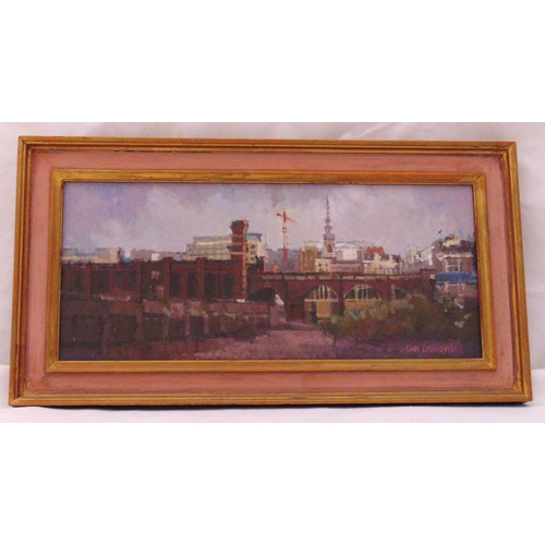 60 - Ian Lamont framed oil on panel titled Blackfriars, signed bottom right, label to verso, 16 x 37.5cm