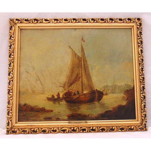 61 - J Van Goyen framed oil of canvas of sailing boats at sea, signed bottom left, 29 x 35cm