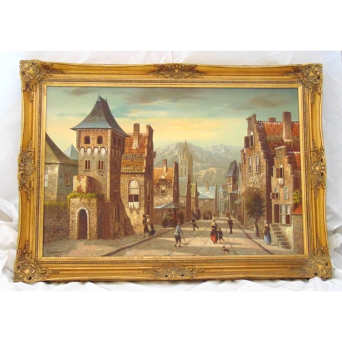 63 - G. Schroter framed oil on panel of a continental village street scene, signed bottom left, 89.5 x 59... 