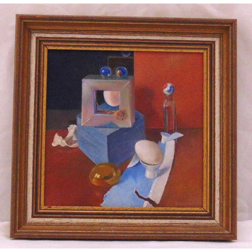 67 - Brenda Carter framed oil on panel still life titled Confrontation, signed bottom right, label to ver... 