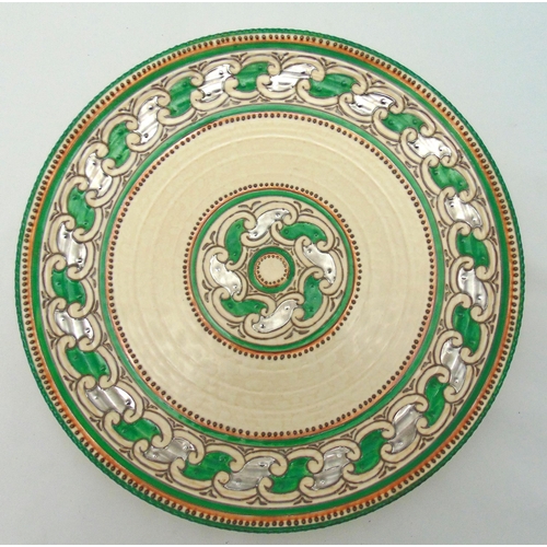 115 - Charlotte Rhead charger, decorated with geometric interlinking forms, marks to the base, 36.5cm (w)