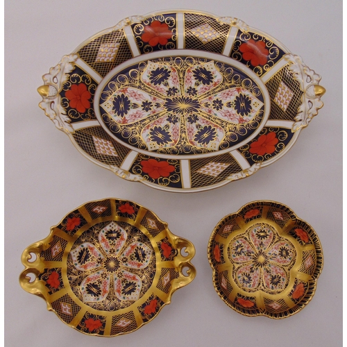 117 - Royal Crown Derby Imari pattern oval fruit dish and two matching bonbon dishes, oval dish 28.5 x 20.... 