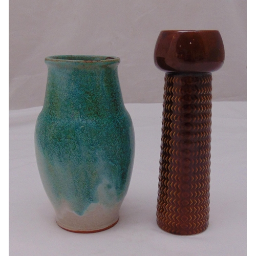 135 - Tom Arnold design Crystal Ware stem vase 1159, brown glaze, 22cm (h) and a green glazed Samuel Sande... 