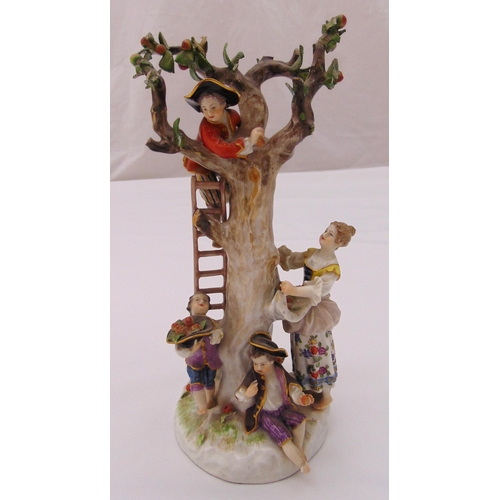 137 - Meissen figural group of apple pickers, on raised naturalistic base, marks to the base, slight loss ... 