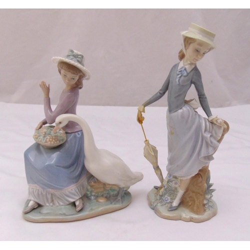 147 - Two Lladro figurines of ladies one with a goose eating out of her basket the other with an umbrella,... 