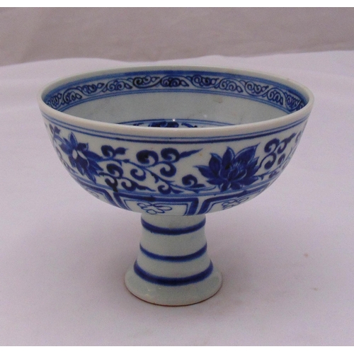 176 - A Chinese blue and white stem cup decorated with a dragon, flowers and leaves, 12cm (h)