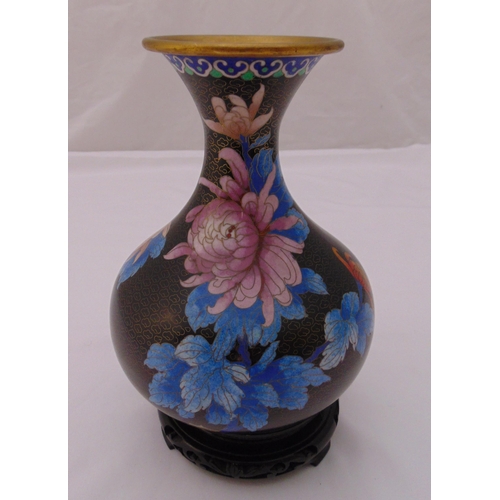 178 - Cloisonné baluster vase decorated with flowers and butterflies, to include hardwood stand, 26cm (h)