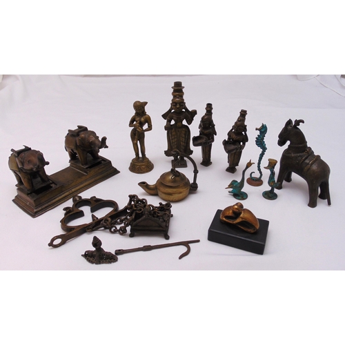 185 - A quantity of antique brass/bronze oriental ornaments to include an inkwell and stylised figurines (... 