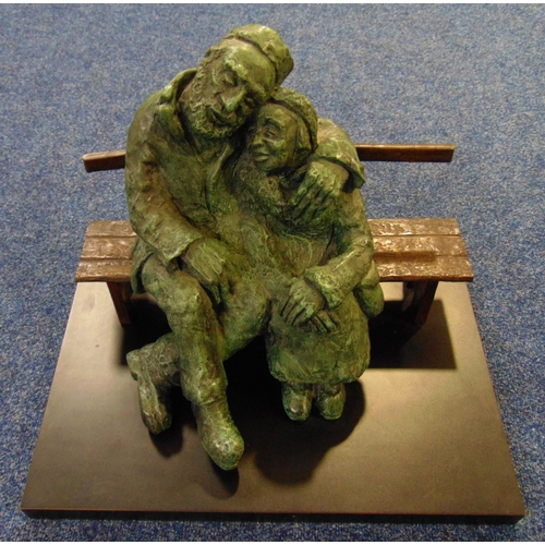 196 - Nicky Imber cast bronze figurine of an elderly Jewish couple titled Forever Young mounted on a recta... 