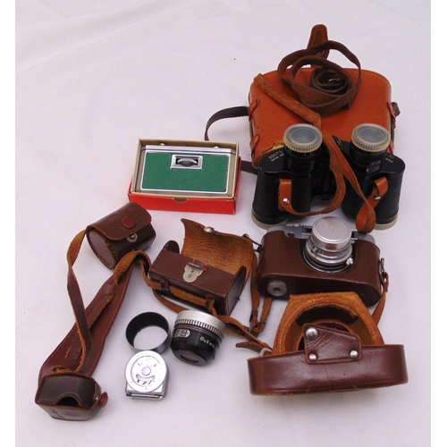 252 - Vintage Pax M4 camera with accessories including wide angle lens, a pair of leather cased binoculars... 