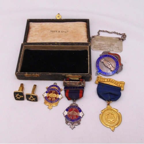 270 - Masonic and Friendly Society medals and badges, to include some silver and a pair of cufflinks in To... 