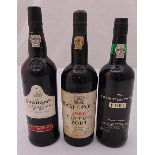 281 - Three bottles of vintage port to include Graham 1997, Royal Oporto 1980 and late bottled vintage 199... 