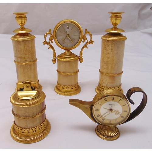 295 - A Swiza marble and gilt metal three piece clock set with matching lighter and another vintage Swiza ... 