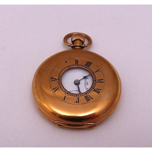 298 - Dennison 9ct gold cased half hunter pocket watch, white enamel dial, subsidiary seconds dial, Birmin... 