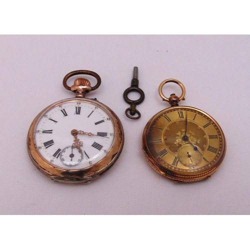 299 - Two pocket watches, one hallmarked K14 to include key and engraved gilt dial another with white dial... 