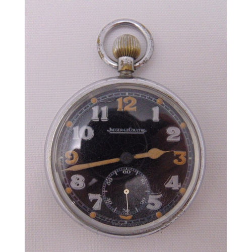 300 - Jaeger LeCoultre WWII military pocket watch, black dial with Arabic numerals and subsidiary seconds ... 