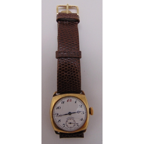 306 - Longines 9ct gold early 20th century gentlemans wristwatch, white dial with Arabic numerals and subs... 